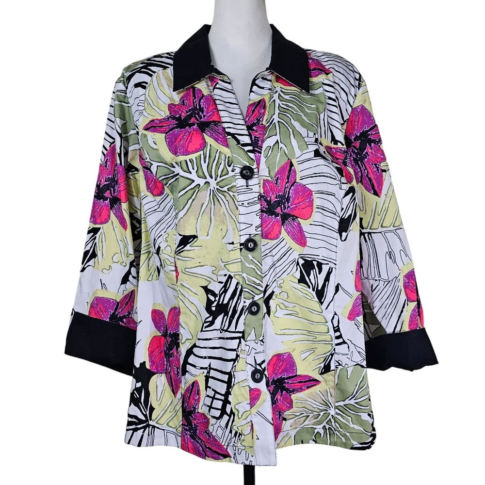 Zozo Artsy Button Up‎ Top 2X Floral Pink Contrast Flip Cuff Relaxed Tropical